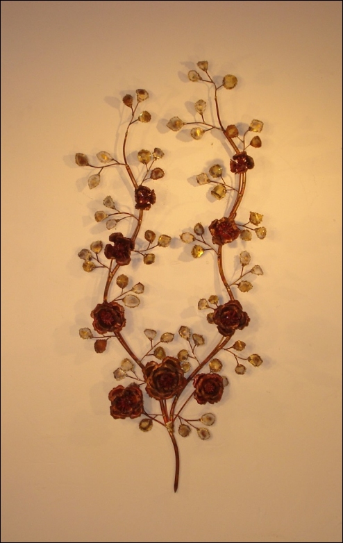 Rose Branch Metal Wall Sculpture with copper roses